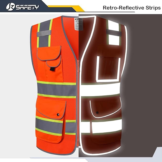 JKSafety 9 Pockets Hi-Vis Reflective Safety Vest | Mesh Fabric | Fluorescent Orange Color with Neon Yellow Extended Trims | ANSI/ISEA Compliance (100-Orange, M)