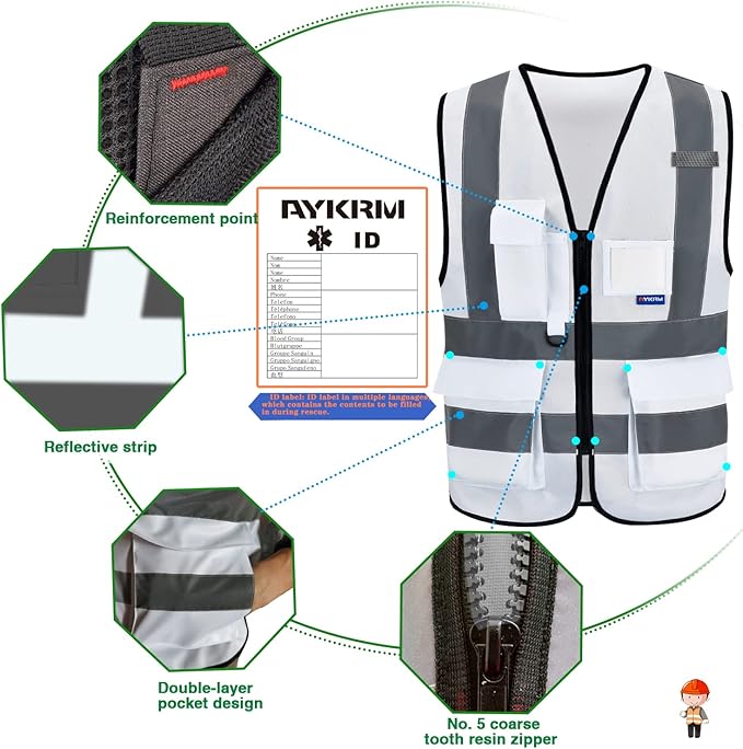 A-SAFETY 4XL-5XL,Hi Reflective Safety Vest,Hi Vis Bright Neon Colors Safety Vest with 4 Reflective Strips 7 Pockets(White)
