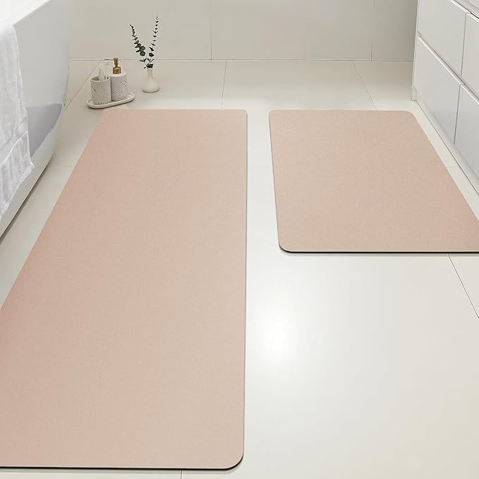 Ultra Thin Bath Mat, Upgrade Backing Non Slip Thin Bath Mats Fit Under Door, Quick Dry Ultra Absorbent Bathroom Rugs, Machine Washable Bath Rugs for Bathroom, Bathtub, Taupe/Solid/24"x17"+48"x20"