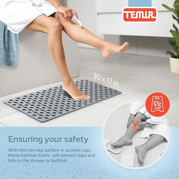 TEMIR Bathtub Mat Non Slip and Shower Mat with Suction Cups and Drain Holes, 30x17 in (75x43 cm), Soft Machine Washable Non Slip Bath Mat, Shower Mats for Inside Shower, Easy Dry&Cut (Gray)