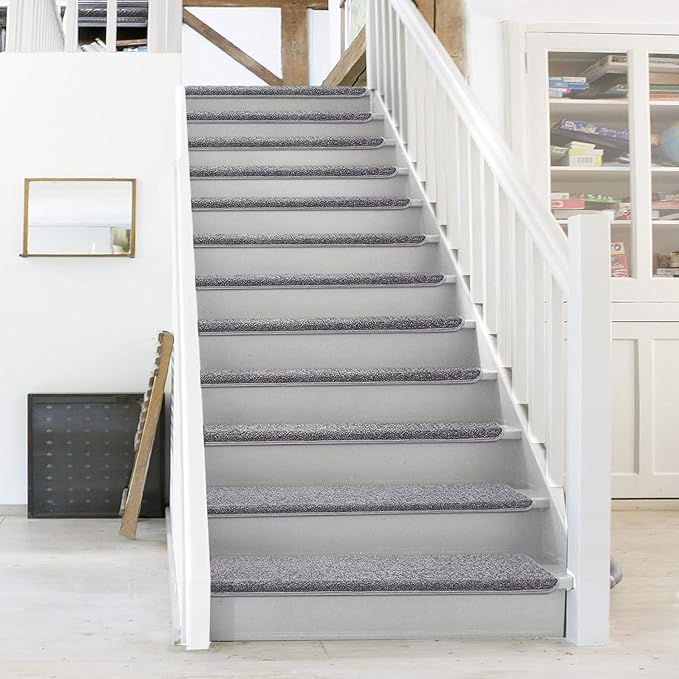 PURE ERA Bullnose Carpet Stair Treads Set Tape Free Non-Slip Indoor Stair Protectors Pet Friendly Rugs Covers Soft Skid Resistant Washable Reusable 9.5" x 30"(2 Pieces,Gray)
