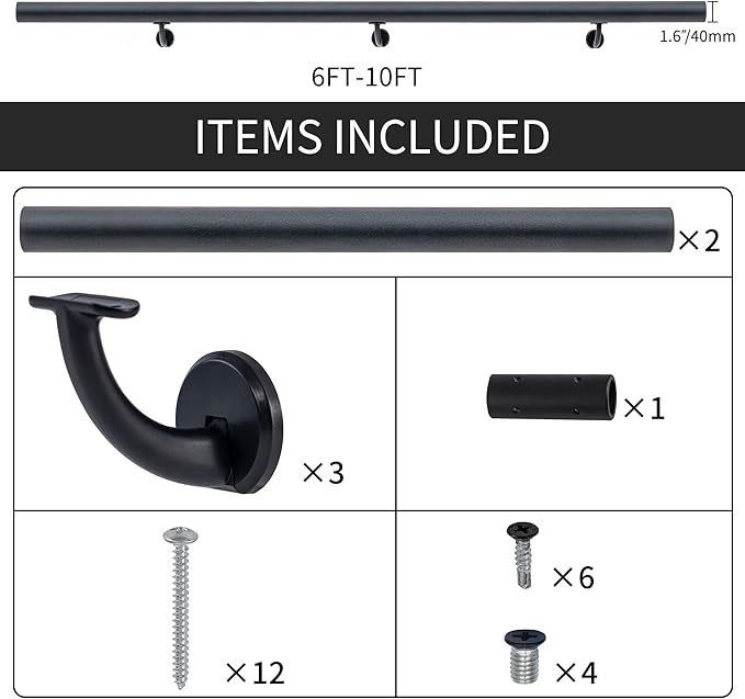 10 FT Modern Aluminum Handrail Set, handrails for Indoor Stairs,Deck,Slope, Wall Mounted Staircase handrails, Zink Alloy Brackets Included,Rust Free. (Matte Black, 10 FT)