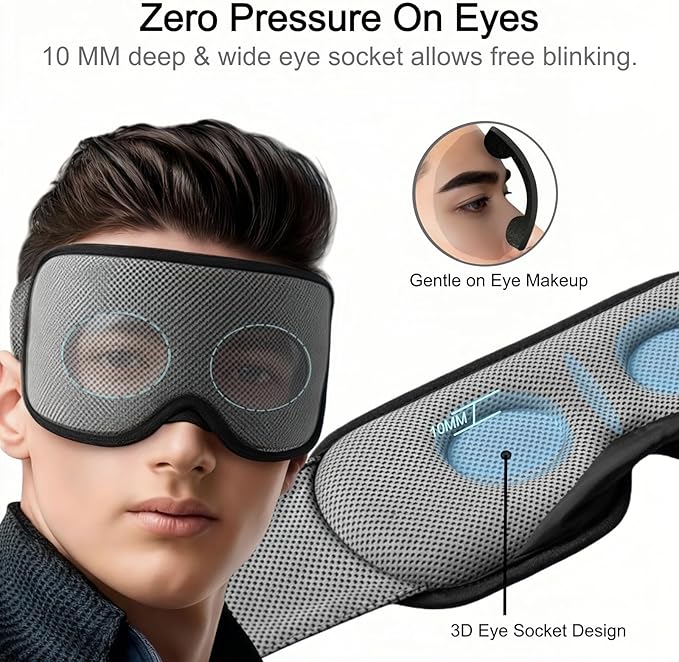 Soft 3D Sleep Mask for Sensitive Skin, Full Light Blocking and Breathable Eye Shade with Adjustable Strap, Comfortable Fit for Night Sleeping, Travel-Friendly with Storage Bag for Men and Women