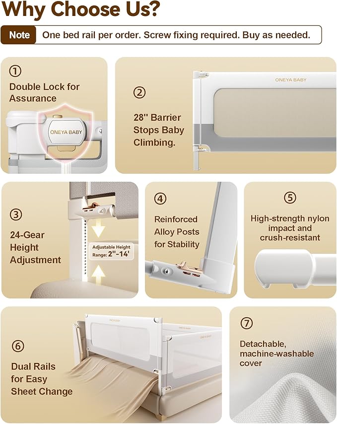 Baby Bed Rail Guard for Toddlers, Reinforced 78.7in Toddler Bed Rails for Queen, King Bed with Height Adjustable, Extral Tall Child Safety Side Railing Guards/Bedrail for Kids,White/Grey, 1 Side