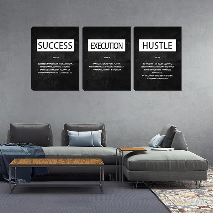 Unbruvo Motivational Canvas Wall Art - 3 Panel Inspirational Wall Decor, Hustle Success Office Decor, Hustle Success Poster for Living Room, Bedroom, Classroom(60" Wx28 H)