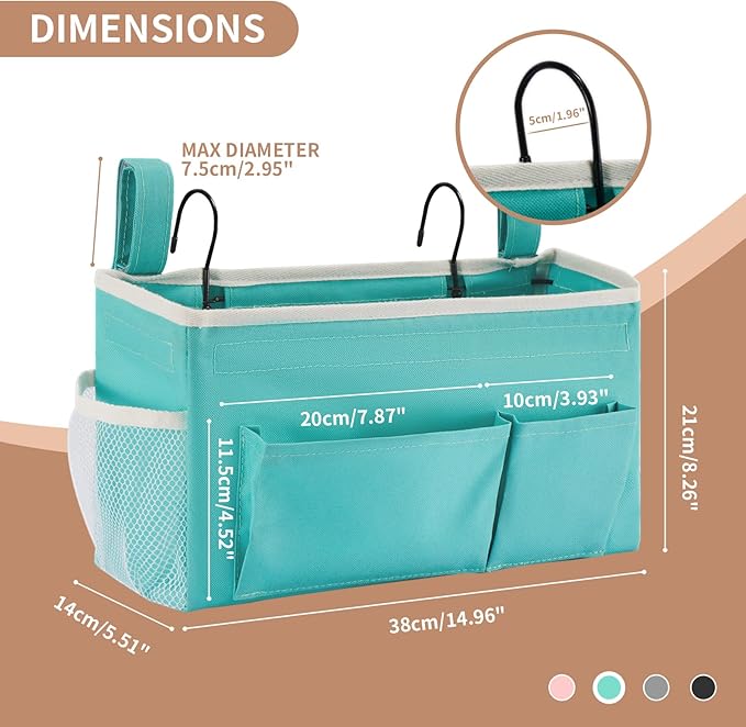 YOUDENOVA Bedside Caddy with 5 Pocket, Bedside Storage Organizer for College, Dorm Bed, Bunk Bed, Green