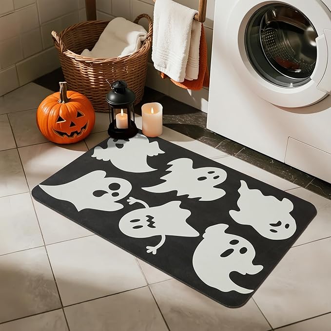 Halloween Bath Mat, Thin Halloween Bathroom Rug Non Slip Quick Dry Ghost Bath Mat Fits Under Door Thin Floor Mat Halloween Decor, 17''x30'', Ghosts Black