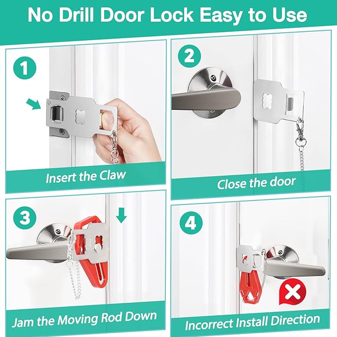 Portable Door Lock Travel Door Locks for Hotel Rooms Apartment Locks Home Security Defender Door Lock Latch Extra Door Locker from Inside Safety Door Locks for Travelers Portable Lock for Door