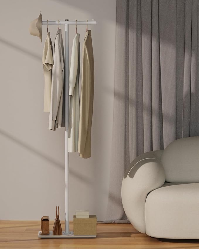T-shaped Coat Rack Freestanding, Modern Clothes Rack with Rock Slab Base, Heavy-duty Metal Coat Tree for Boutiques, Hallway, Entryway, 68.9 Inches High, White, GYJ001W