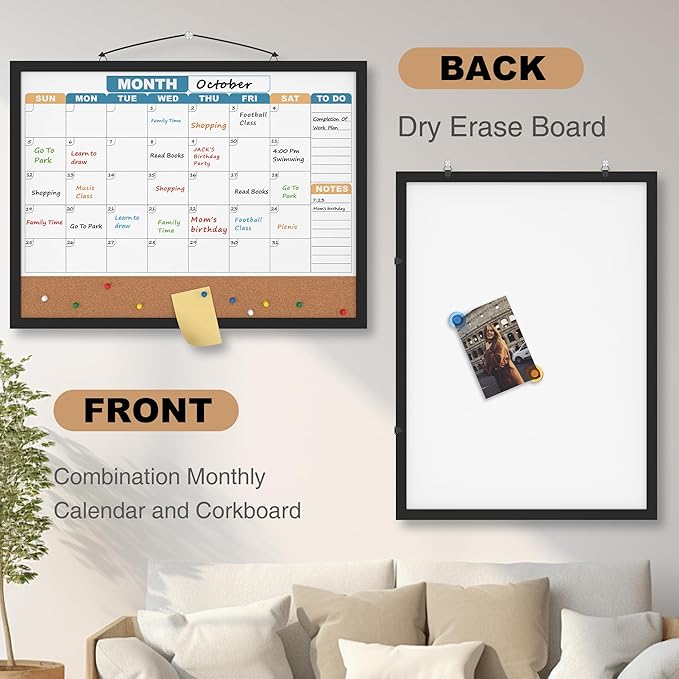 Monthly Calendar Dry Erase Board 24x18 Inch, Double-Sided Whiteboard and Corkboard Combo with Black MDF Frame (Color Calendar), Wall Mounted Planner with Marker, Magnet, Push Pin, Eraser