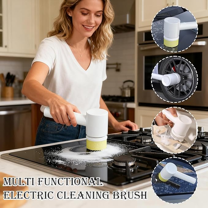 Cordless Cleaning Brush - Lightweight Electric Bathroom Scrubber, 12 Inch Handle with Grip, Rotating Head Pair with Frame, Home Supplies Tool, Multi Device for Bathtub, Toilet, Sink, Tile