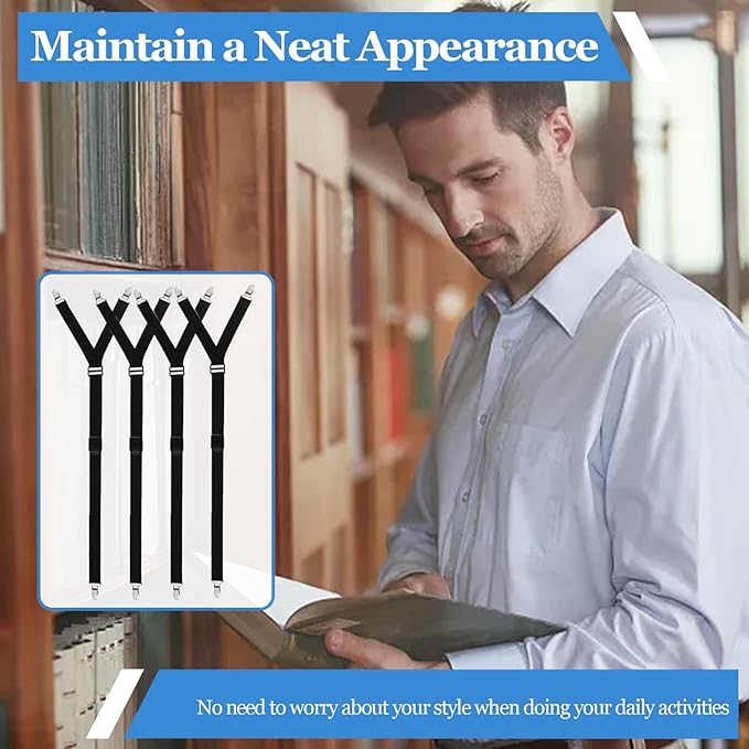 STAY GENT Y-Style Shirt Stays For Men with Non-Slip Locking Clamps and Adjustable Elastic Straps
