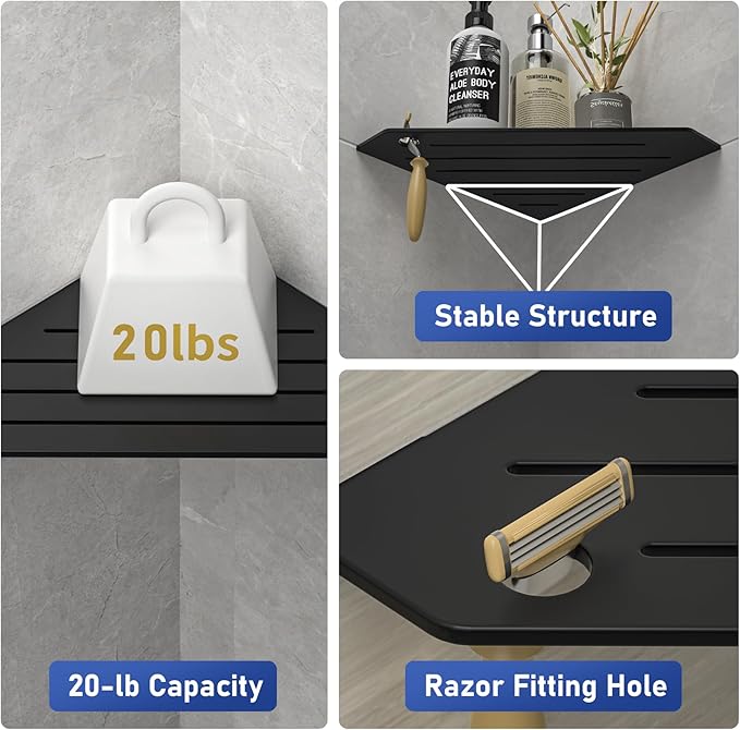 Corner Shower Shelves, Pentagonal Grout in Shelf w/Razor Holding Hole, 304 Stainless Steel Bathroom Shelf (Matte Black)