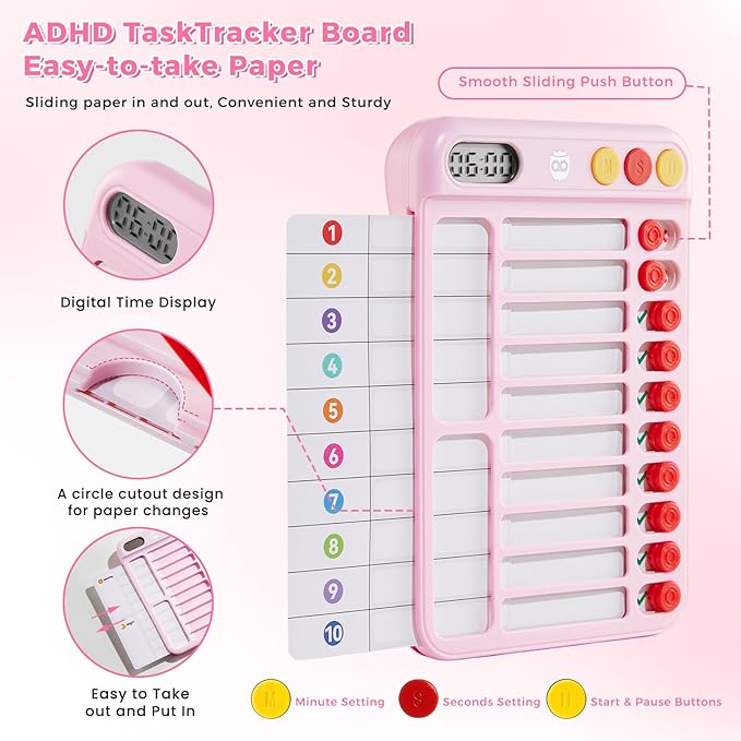 Magnetic Chore Chart for Kids with Time Timer, 99-Min Countdown/Up Visual Timer, Dry-Erase Reward Chart with Sliders, to Do List & Routine Checklist, Visual Schedule, Autism/ADHD Tools (Pink)