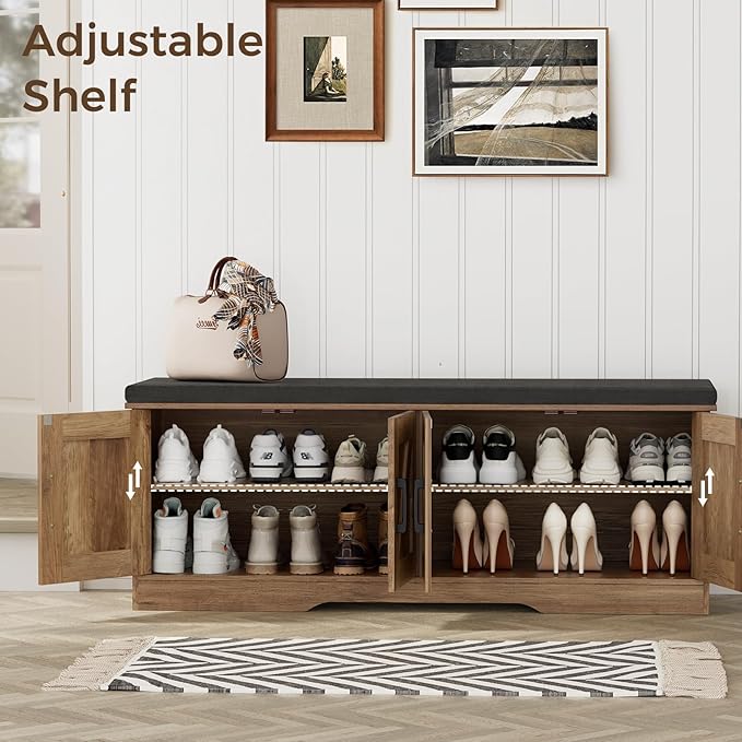 2-Tier Storage Bench, 47.2" Wide Shoe Bench with Padded Seat Cushion, Entryway Bench with 4 Barn Doors and Adjustable Shelf, Rustic Walnut