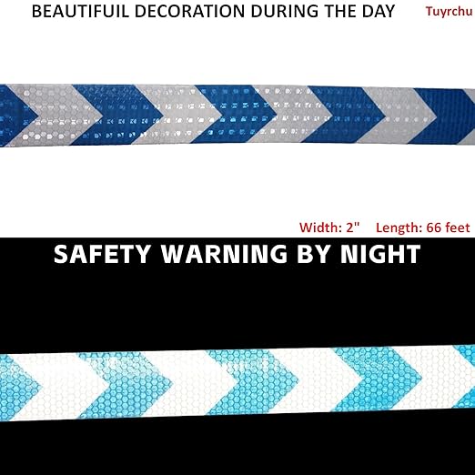 Reflective Tape Blue and White 2 inch X 66 feet, Outdoor Waterproof Hazard Conspicuity Warning Industrial Marking Tape