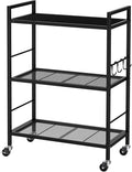 3-Tier Metal Storage Rack with Industrial Wheels,Mesh Shelving Unit with Wooden Table top,Adjustable Shelf,23.6-Inch Width,for Kitchen,Laundry,Pantry,Plant,Black panel and black frame