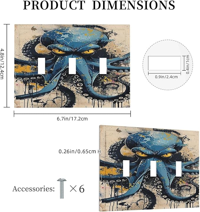 Decorative Switch Plates Nautical Vintage Blue Octopus Yellow Eyes Oil Watercolor 3 Gang Wall Plate Triple Toggle Light Switch Cover Faceplate Electrical Wall Panels for Kids room