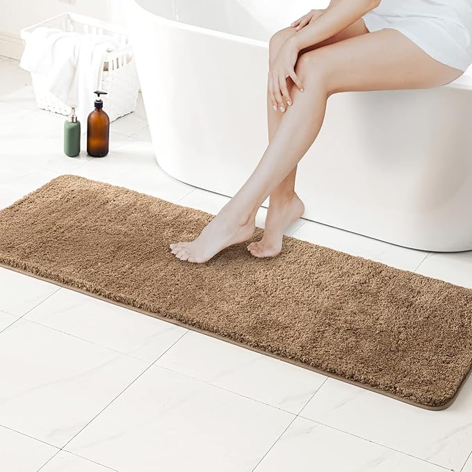 MIULEE Extra Thick Non Slip Bathroom Rug Shaggy Soft Bath Mat Plush Microfiber Absorbent Water for Shower Tub Machine Washable (Light Brown, 16x48 Inches)