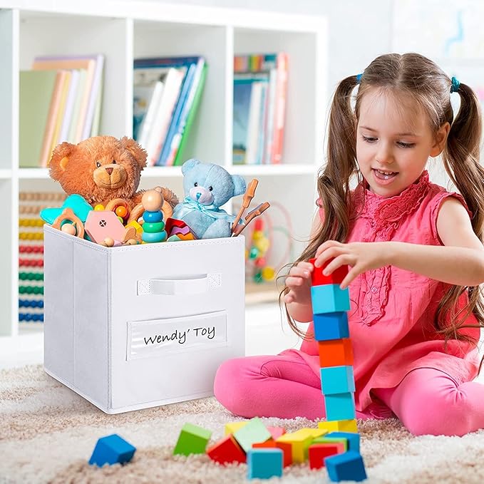 artsdi 13x13x13 storage cube bins(Set of 8)Fabric storage cubes with 8 Labels Window Cards & a Pen,storage cubes 13x13, storage bin, Collapsible 13 inch cube storage bins,Cubby Organizer Boxes, White