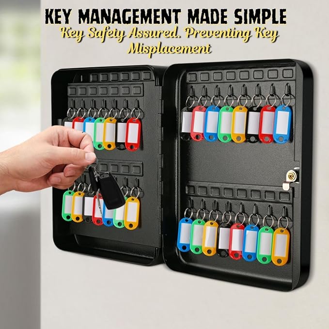 Flexzion Key Cabinet Key Lock Box Wall Mount with 60 Key Holder Organizer Locker Case, Colored Key Tags & Hooks Wall Mounted Lock Box for Keys Storage, Homes, Property, Hotels, Business (Black)
