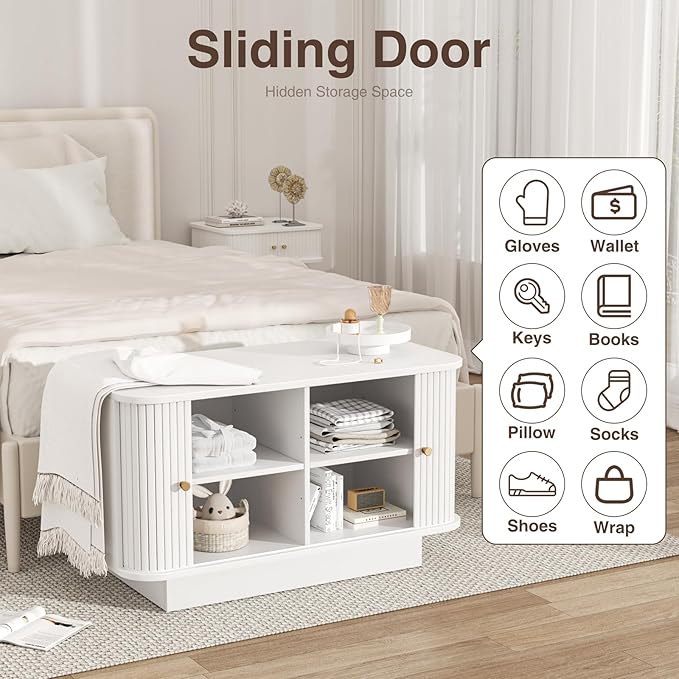 Fluted Entryway Bench with Shoe Storage, 31" W Small Shoe Bench with Sliding Door, Mud Room Benches with Seat, Upholstered Wooden Rack Organization for Living Room, Apartment, Dorm, White