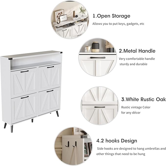 Shoe Cabinet with 4 Flip Drawers,Farmhouse Shoe Storage Cabinet for Entryway,Narrow Freestanding Organizer Rack with Open Shelves for Foyer,Hallway,White