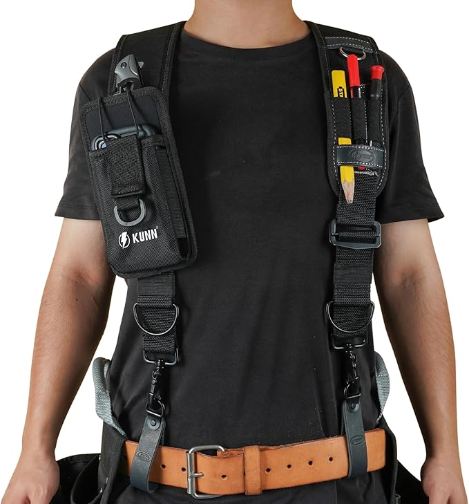 KUNN Leather Tool Belt Suspenders Construction Bag Suspenders Molded Air Channel Work Belt Suspender for Carpenter Electrician,Black