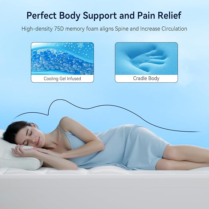 ELEMUSE 3 Inch Cooling Memory Foam Mattress Topper Queen, 2 Inch Pressure-Relieving Memory Foam and 1 Inch Thick Soft Viscose Made from Bamboo Pillow Top for Hot Sleepers, Removable & Washable Cover