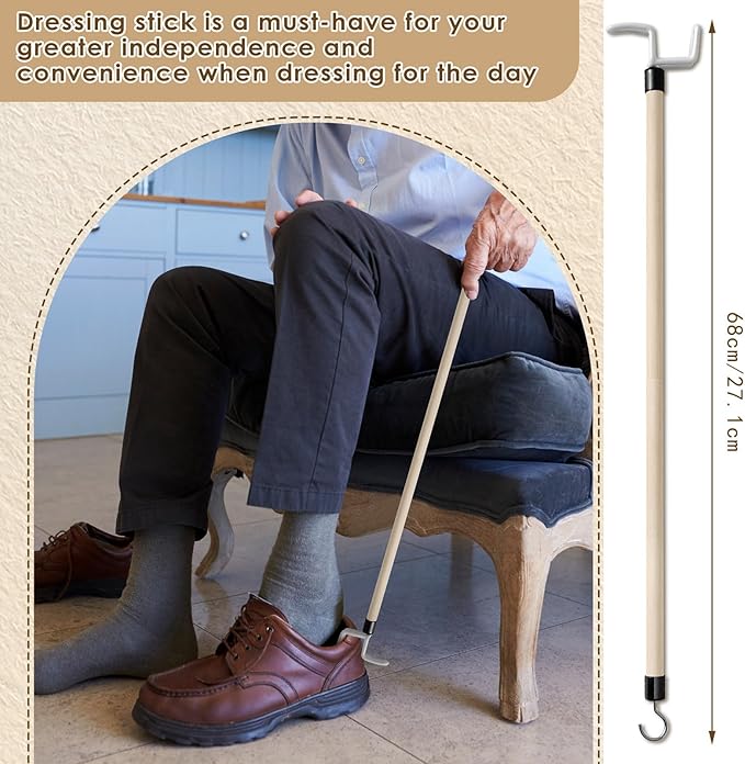 Geelin 4 Pcs 27'' Long Dressing Stick for Elderly Disabled Limited Mobility Dressing Aid for Pants Shoes Socks Shirts Daily Living Aid Hip Replacement Nursing Home Essential Items