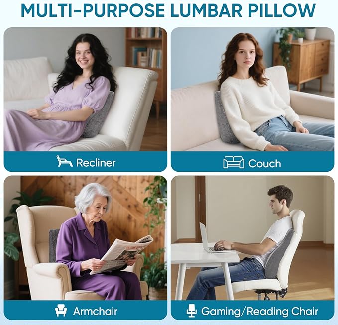 Lumbar Support Pillow for Recliner Chair and Couch, Memory Foam Back Cushion Ergonomic Back Support Pillow for Lower Back Pain Relief, with Soft Velvet