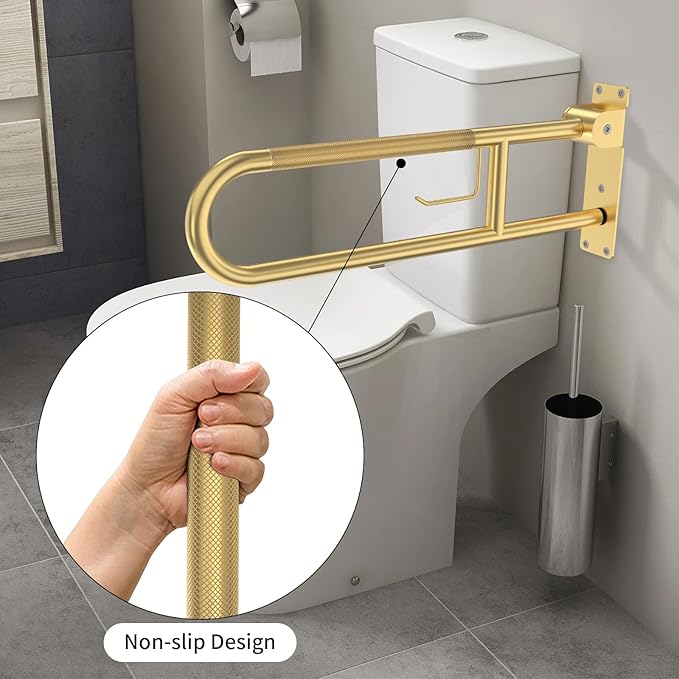 Toilet Grab Bar 30.3 Inch, YuanDe Flip Up Grab Bar with Paper Holder, Brushed Gold Anti-Slip Safety Bars for Toilet, Stainless Steel Knurled Toilet Handles for Seniors Disabled Elderly Pregnant