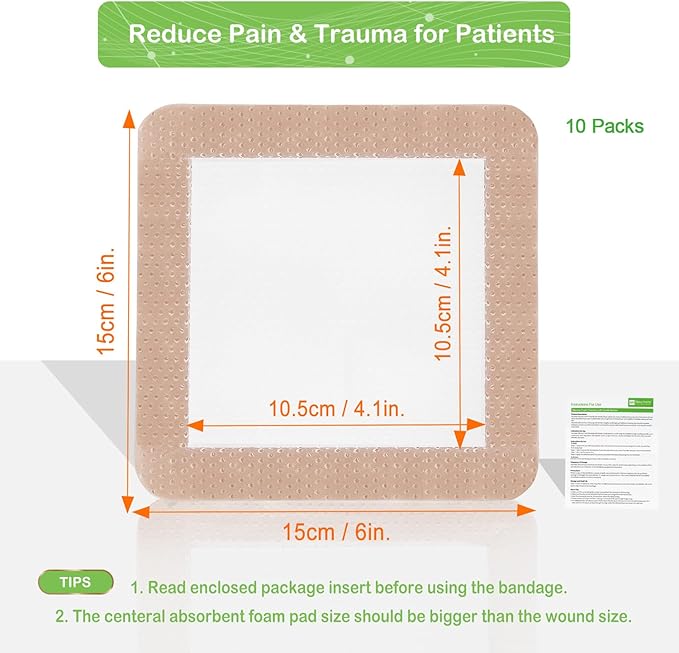 Silicone Adhesive Foam Dressing with Gentle Border 6''x6'', 10 Packs for Bed Sore Leg Ulcer, High Absorbency Waterproof Silicone Wound Bandages by NeuHeils
