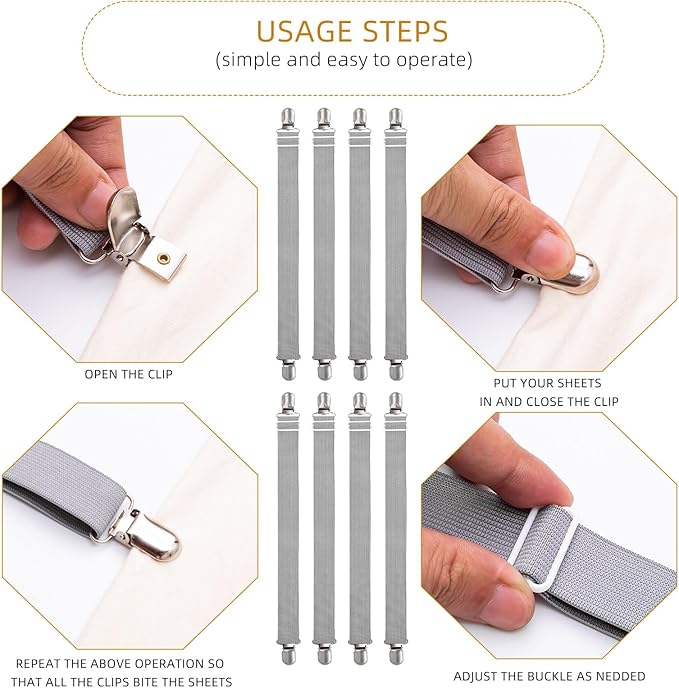 8Pcs Adjustable Bed Sheet Straps Clips, Elastic Mattress Sheet Fasteners Holder and Suspenders, Grippers to Hold Sheet, Mattress, Sofa, Couch, Table Cloth, Ironing Board Cover(Grey)