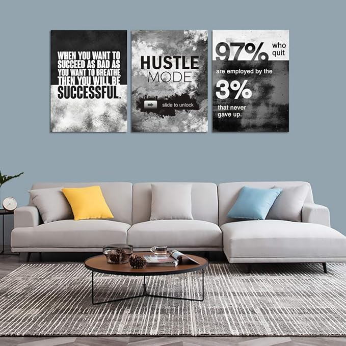 Motivational Office Wall Decor, Inspirational Canvas Wall Art, 3 Pieces Hustle Posters Prints Entrepreneur Success Quote Wall Decor for Lobby Meeting Room Hallway Living Room(36”Wx16”H)