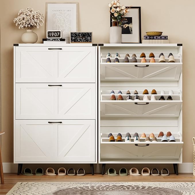 Shoe Cabinet with 3 Flip Drawers,Farmhouse Shoe Organizer Cabinet with Legs for Entryway,Narrow Slim Freestanding Rack Cabinet for Foyer,Hallway,White