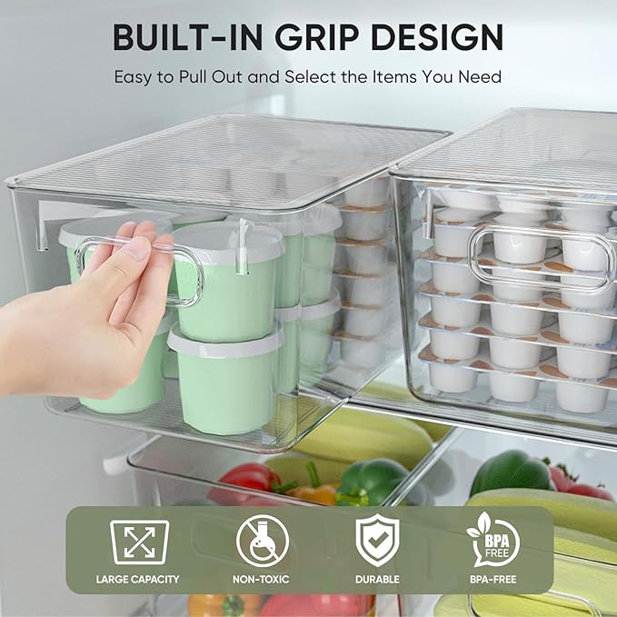 BALEINE Clear Stackable Storage Bins with Lids, Plastic Containers with Handle for Pantry Organizers and Storage, Plastic Bins for Fridge, Kitchen, Bathroom, Cabinet (10x6x5, 8PK)