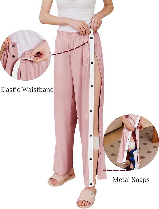 Deyeek Women's Tear Away Pants Side Split Snap Open Bottom Sweatpants Leg Breakaway Post Surgery Pants with Pockets