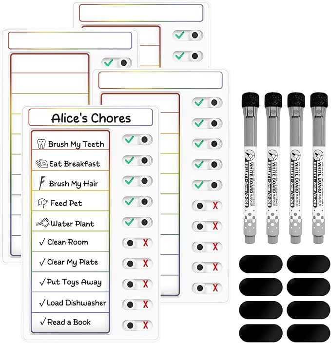 4 Pcs Chore Chart for Kids: Dry Erase My Chores Slider Chart, Magnetic Visual Schedule for Fridge, Kids Daily Checklist - ADHD Tools: to Do List and Routine Chart for Multiple Kids (Rainbow 4-Pack)