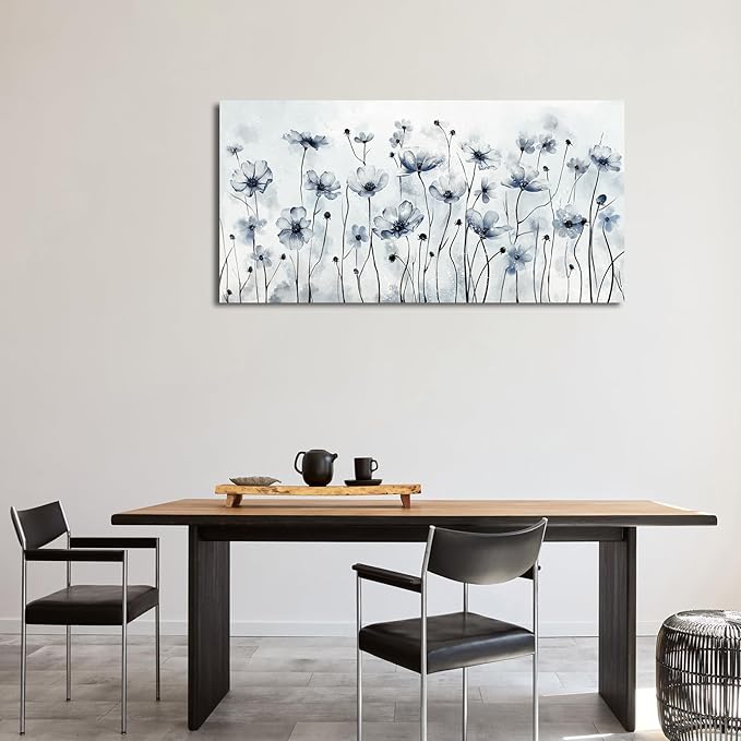 VEAEE Framed Flowers Canvas Wall Art - Indigo Floral Canvas Pictures, Living Room Wall Decor, Botanical Canvas Prints Painting Abstract Artwork Bedroom Office Home Decor 24"x 48"