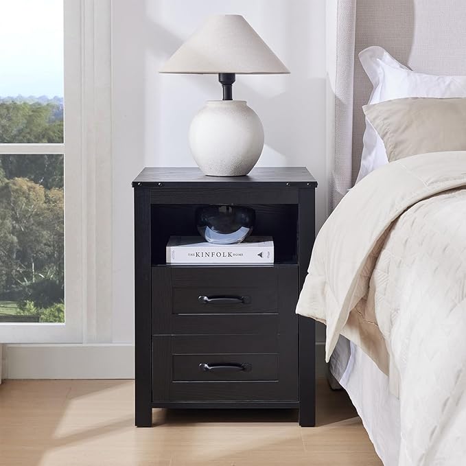 Black Rustic Night Stand Set of 2, Farmhouse End Table, Modern Bedside Table with 2 Storage Drawers and Open Shelf, Tall Nightstand for Bedroom
