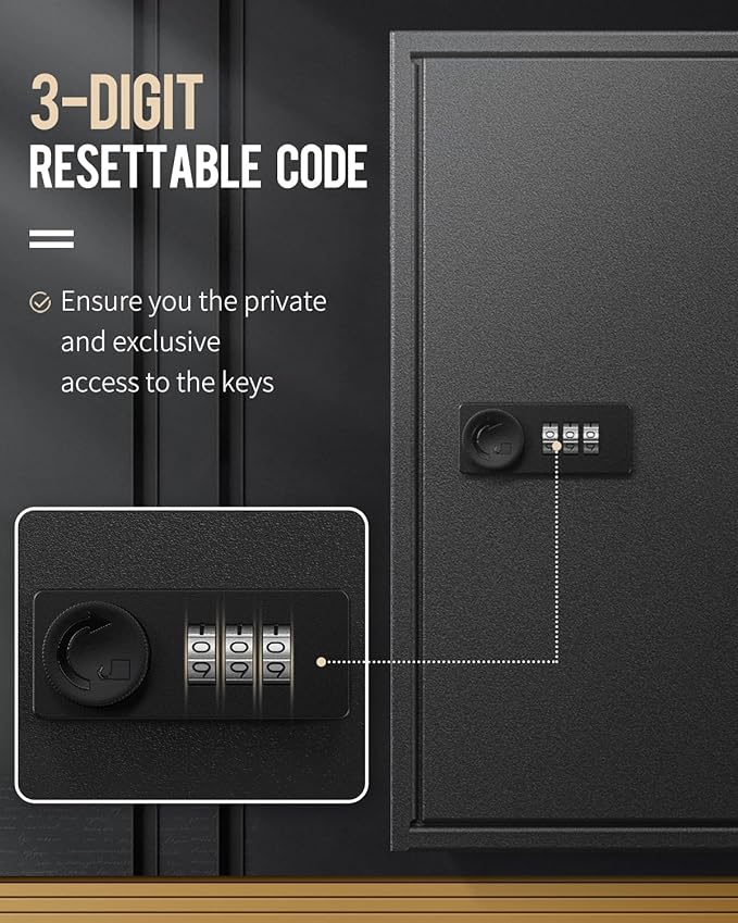 Uniclife 60 Position Slotted Key Cabinet with Combination Lock Resettable Black Digital Security Storage Box Steel Key Organizer with Slotted Racks White Key Tag Labels and Permanent Pen