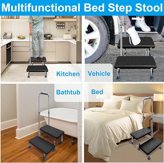 Aliseniors Step Stool with Handle, 400 lbs Adjustable 2 Steps Stool with Handrail for Adults and Seniors, Easy Assmbly Medical Foot Step Stool for Bed, Kitchen, Car, Bathtub