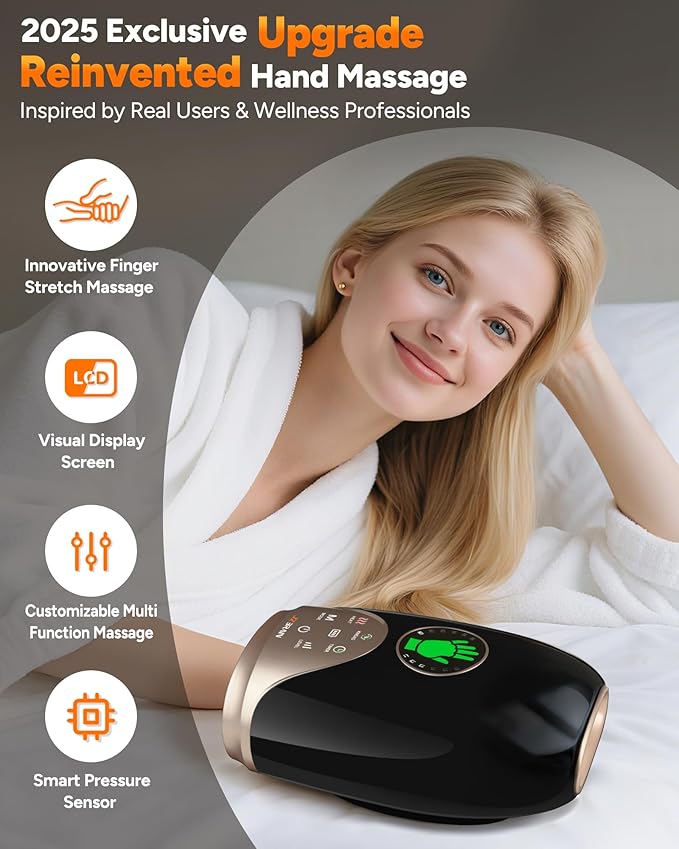 Hand Massager with Heat and Compression : Hand and Wrist Massager with Customizable Modes, Finger Stretch Function, Visual Display, Palm Roller - Daily Comfort for Women, Men, Home, Office Use