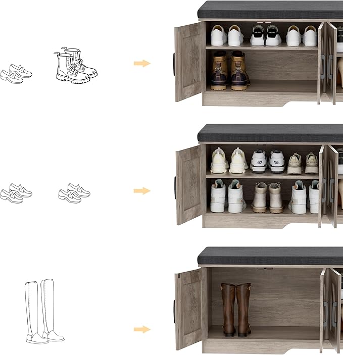2-Tier Storage Bench, 47.2" Wide Shoe Bench with Padded Seat Cushion, Entryway Bench with 4 Barn Doors and Adjustable Shelf, Greige