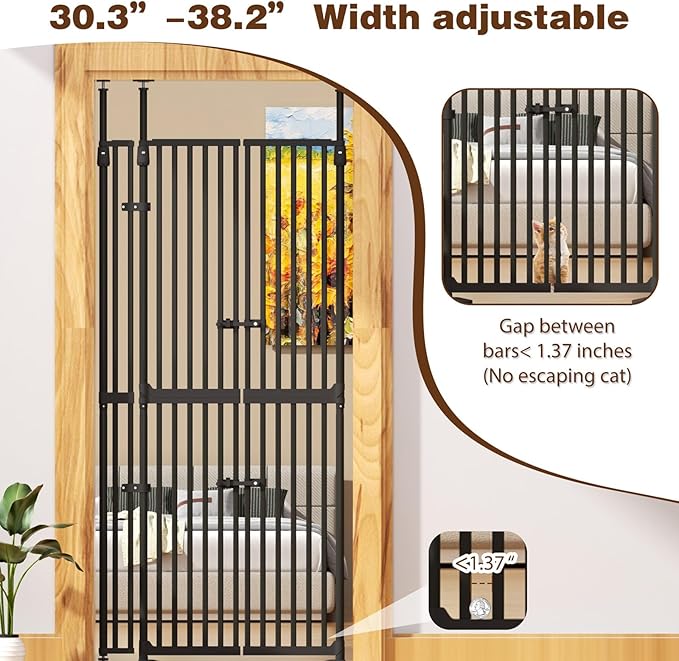 74.8"-90.5" Extra Tall Cat Gate for Doorway, Auto‑Close, No‑Drill Pressure‑Mount with 3 Support Pillars & Double‑Door, Fits 30.3–38.2″ Openings, 1.37″ Narrow Gap, Extension Kit Included, Black