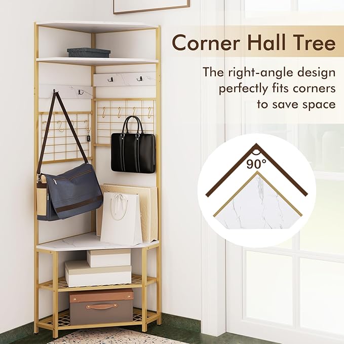 Giantex Corner Hall Tree, 73" Tall Coat Rack w/Shoe Storage Bench, 12 Metal Hooks, 5-Tier Entryway Shoes Shelf Organizer, Freestanding Clothes Rack for Living Room, Bedroom (White & Gold)