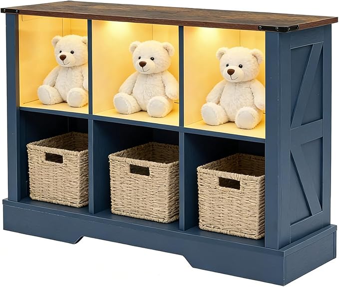 6 Cube Bookcase, Wooden Cube Storage Organizer Shelf, Blue Horizontal Book Shelf with LED Lights, Freestanding Display Cabinet for Living Room, Hallway TV Stand for Entryway