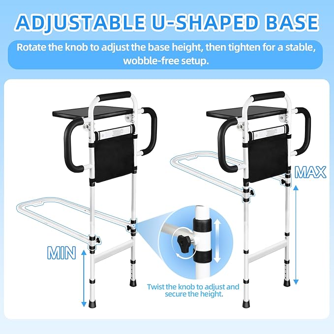 Bed Rails for Elderly Adults Safety with Foldable Tray & Motion Sensor Light, Adjustable Height Bed Assist Bar with 3 Handles, 350 lbs Capacity Bedside Support Rail, Easy to Install
