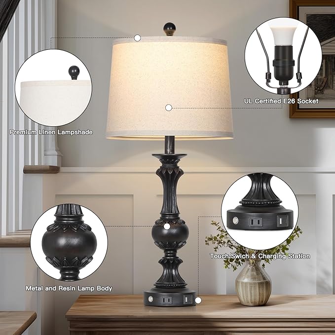 28" Black Farmhouse Table Lamps Set of 2, Rustic Lamps for Living Room with USB C+A Ports & AC Outlet, 3 Way Touch Control Bedroom Lamp, Retro Tall Bedside Lamp for Nightstand Side Table